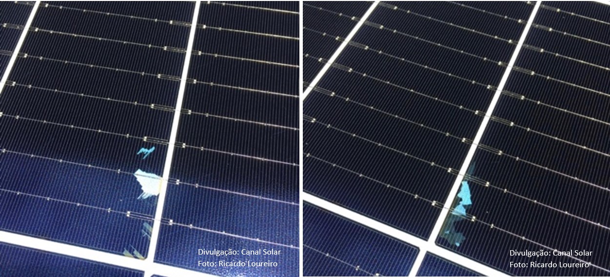 Figura 5: Aspectos de células cast-mono em módulos fotovoltaicos disponíveis comercialmente. As células são praticamente monocristalinas, mas podem existir algumas manchas resultantes do fatiamento de grãos policristalinos. Fotos: Ricardo Loureiro/Crivan Solar Energy