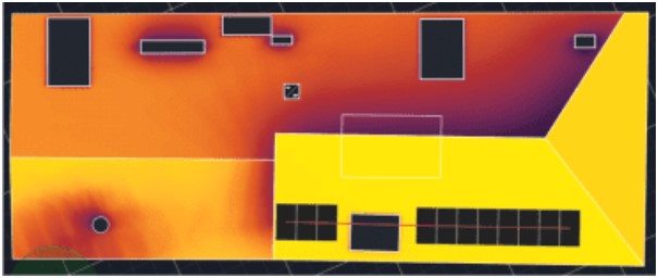 Figura 2: Exemplo de imagem obtida com um software para estudos de sistemas fotovoltaicos. Quanto mais próximo da cor amarela, melhor será a geração. As cores mais escuras indicam a incidência de sombras e de outros fatores (como a inclinação do telhado para o Sul) que reduzem a coleta de energia da radiação solar.