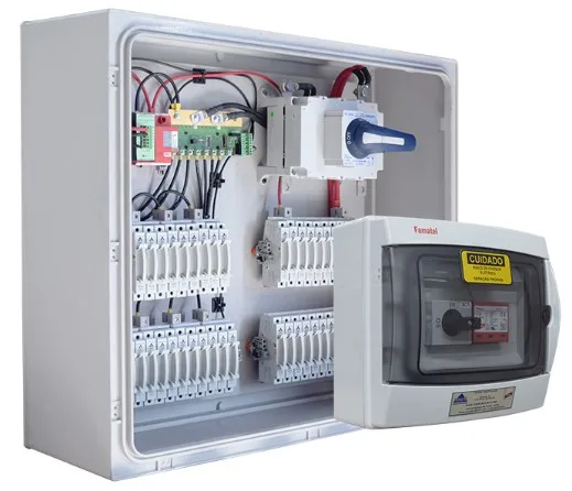 Figura 1 - Exemplo de string box para sistemas grandes (20 circuitos de entrada, 1 circuito de saída e sistema de monitoramento de corrente) e sistemas pequenos (1 circuito de entrada, 1 circuito de saída)