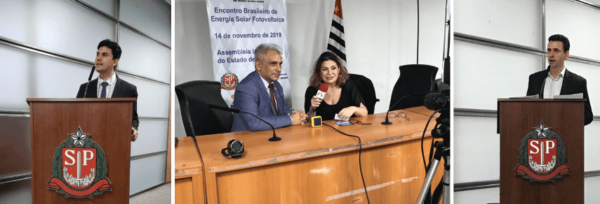 Encontro na ALESP. Da esquerda para a direita: Bruno Kikumoto, presidente do Canal Solar, Walber Oliveira, presidente da APASOLAR e Ronaldo Koloszuk, presidente da ABSOLAR