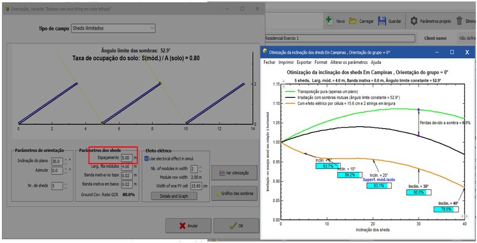 Figura 6 - O distanciamento entre as fileiras de apenas 5 metros causaria uma perda muito significativa devido ao sombreamento mútuo. Observação: neste caso nos referimos à distância entre o início de uma estrutura e o início da próxima. O espaçamento entre as fileiras (largura do corredor) é de aproximadamente 1 metro na figura