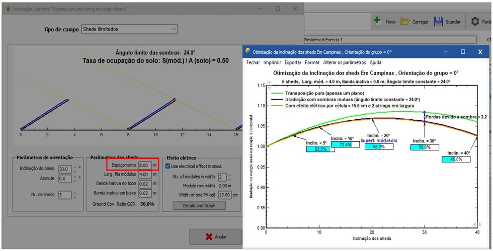 Figura 7 - O distanciamento de 8 metros nos dá um ganho de energia muito pequeno, porém, aumenta a área ocupada da usina em 21%. Observação: neste caso nos referimos à distância entre o início de uma estrutura e o início da próxima. O espaçamento entre as fileiras (largura do corredor) é de aproximadamente 1 metro na figura