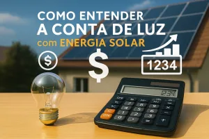 Imagem ilustrativa com painel solar, lâmpada e calculadora em destaque, acompanhada do título “Como entender a conta de luz com energia solar”, simbolizando economia e geração de energia limpa.