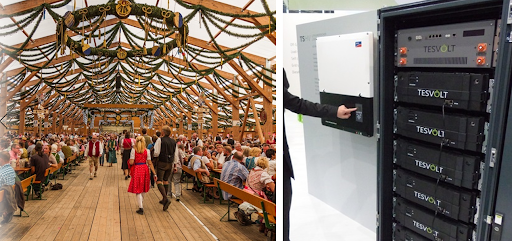 Figura 4 - Sistema com baterias atuando com peak shaving na Oktober Fest em Munique, Alemanha, com inversores SMA e baterias Tesvolt. Esta aplicação já é possível no Brasil. Fonte: Tesvolt/reprodução