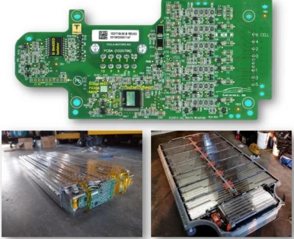 Figura 4: BMS eletrônico (acima) e bancos de baterias (abaixo) de um veículo elétrico da Tesla Motors. Fonte: PHB Eletrônica, Tutorial do SEPOC, 2018