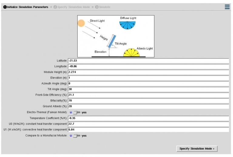 Definição dos parâmetros da usina solar no software Bifacial PUB. Fonte: AE Solar/Reprodução