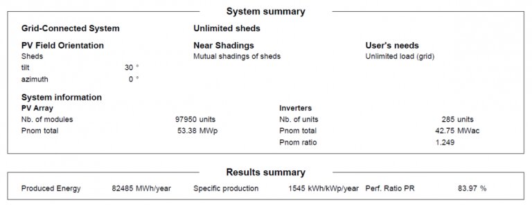 Resultado de simulação no PVSyst - sistema fixo e com módulos bifaciais