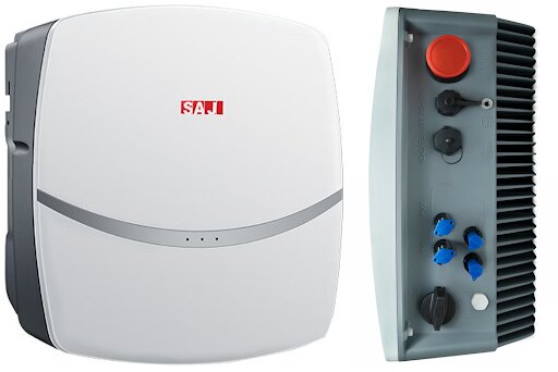 Figura 6: Inversor SAJ R5-3K de 3 kW com ventilação natural. A imagem à direita permite ver as aletas de dissipação térmica existentes na parte traseira do equipamento. Fonte: SAJ/Reprodução