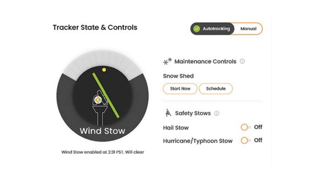 Tela de ajuste do sistema de recolhimento automático de rastreador solar. Interface NX Navigator