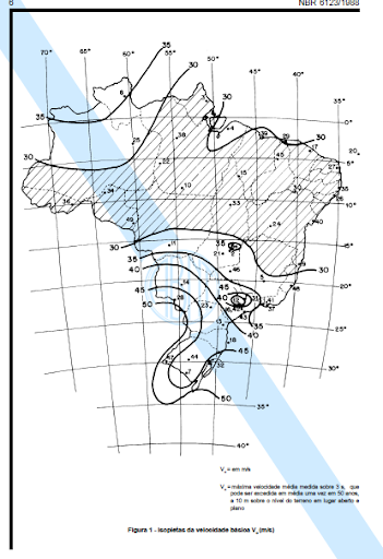 Figura 1 – Gráfico de isopletas da velocidade básica dos ventos. Fonte: NBR 6123/1998, pág. 6