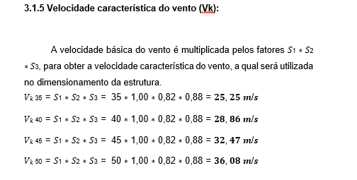 Figura 2 – Cálculo da velocidade básica do vento – item 4.2 – NBR 6123. Fonte: Memorial de cálculo estrutural da SSM