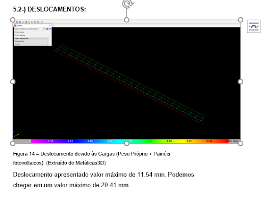 Figura 3 – Tela do software Metálicas 3D, usado na análise de deslocamentos máximos das estruturas fotovoltaicas. O exemplo mostrado é de um projeto com 120 módulos. Fonte: SSM Solar