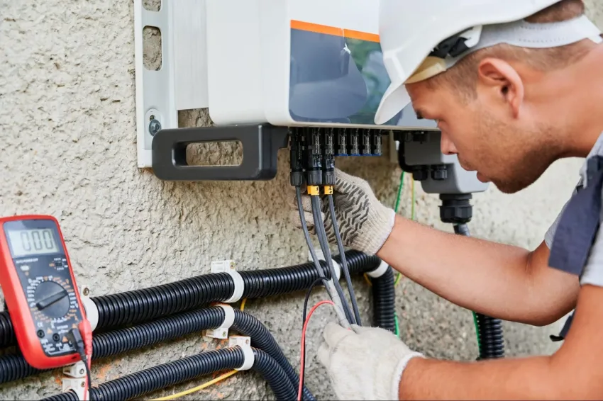 Cabeça e mãos de homem branco, vestindo capacete e luvas de proteção, instalando inversor solar em uma parede