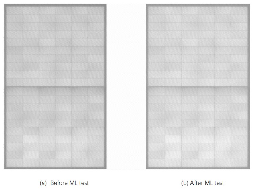 Figura 11 - Imagens de EL (eletroluminescência) da amostra 1 – antes (à esquerda) e depois (à direita) do teste de carga mecânica estática