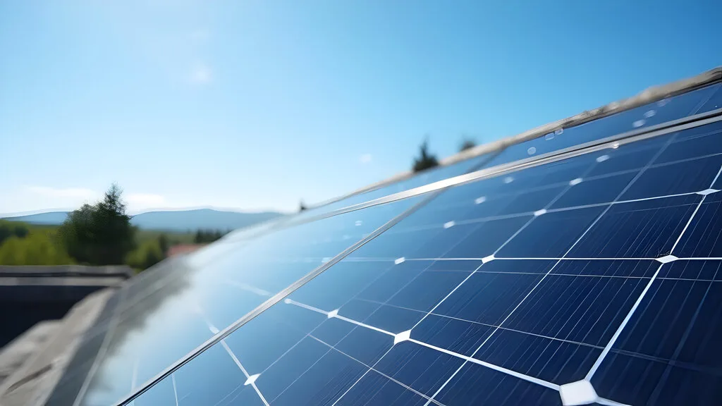 Painéis solares de um sistema off-grid instalados em telhado, captando a luz do sol em um dia claro, com montanhas ao fundo.