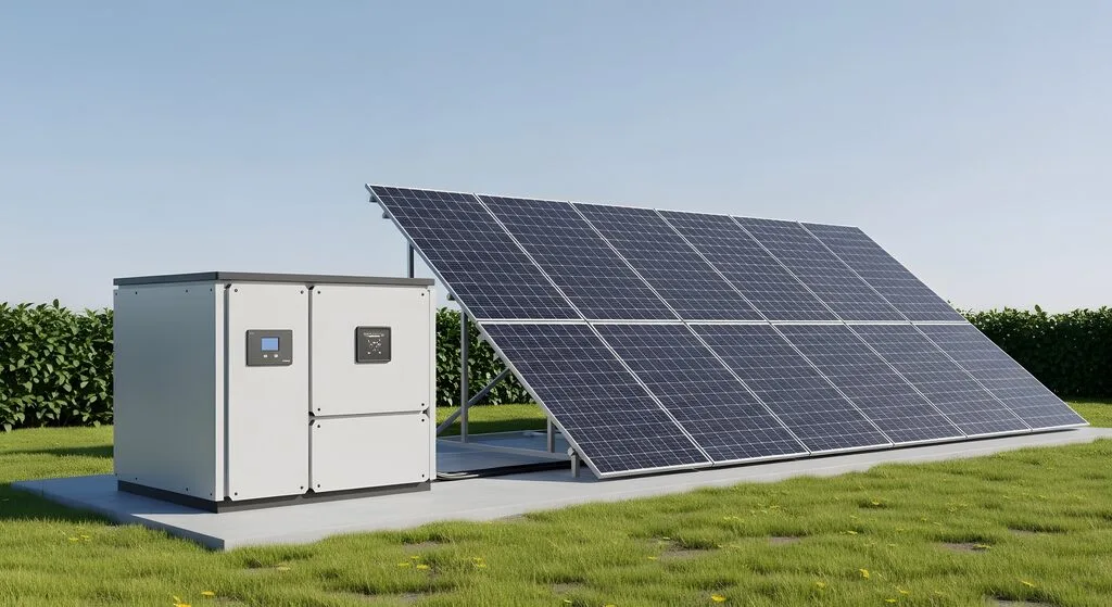 Estrutura de painéis solares e inversor de um sistema off-grid instalada em solo, demonstrando geração autônoma de energia elétrica.