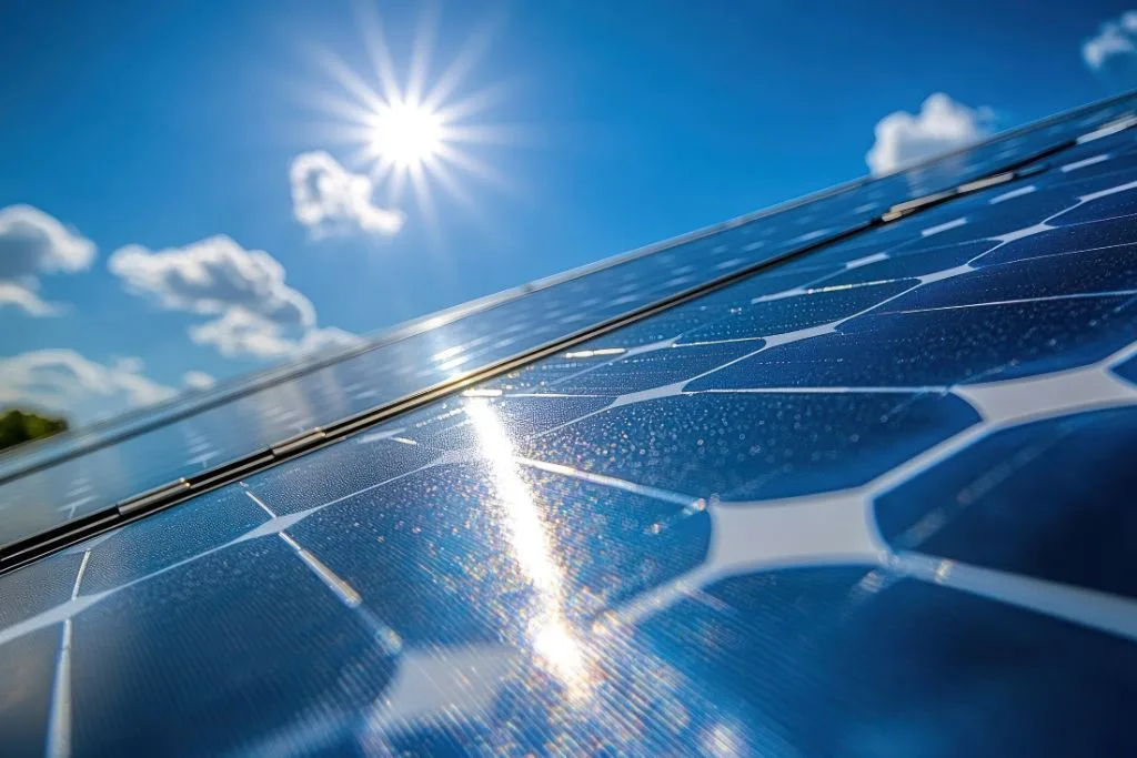Solar panels capturing sunlight in an on-grid system, demonstrating the generation of photovoltaic energy during the day.