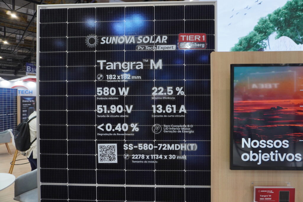 Painel de 580 W da Sunova com eficiência de 22.5%. Foto: Canal Solar