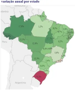 Mapa com a variação consumo de energia elétrica no Brasil em março de 2024.