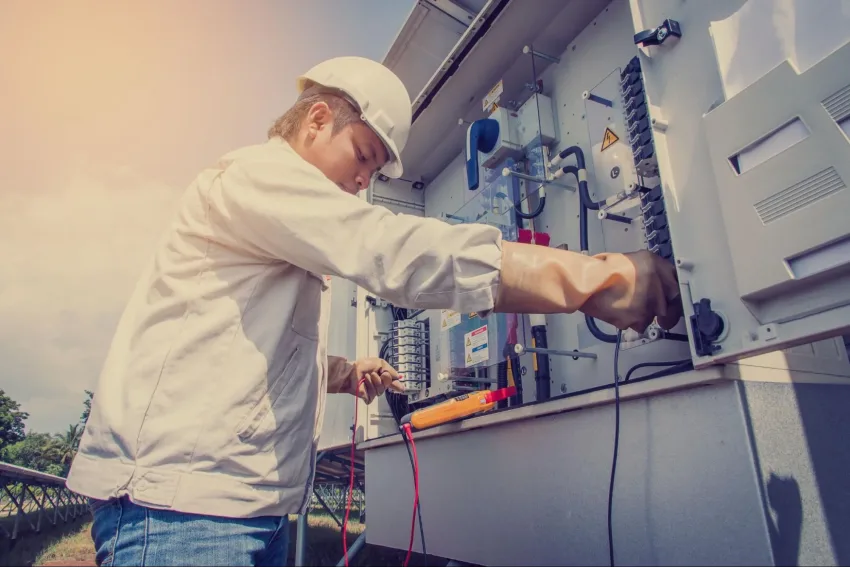 Homem vestindo camiseta branca, capacete de proteção e luvas de segurança, com ambas as mãos em uma string box